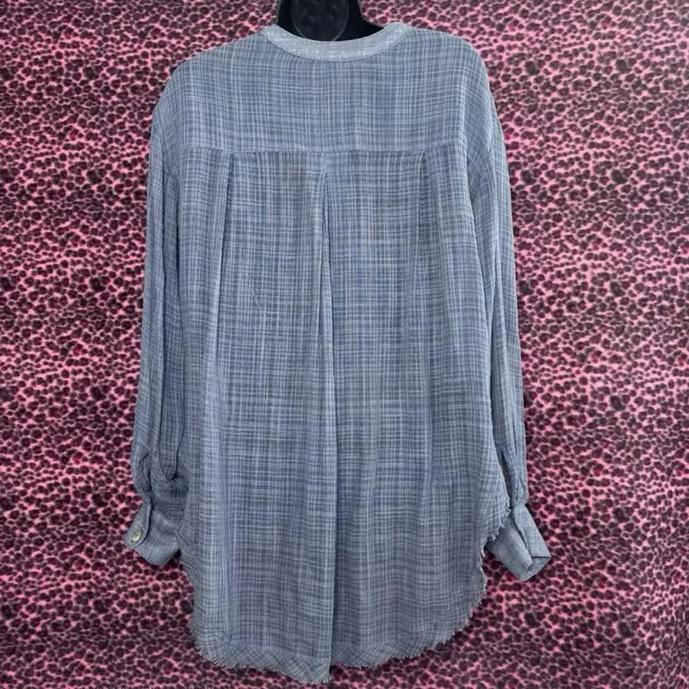 Free People Talk To Me Plaid Gauze Popover Frayed Hem Boho Tunic Top Size XS